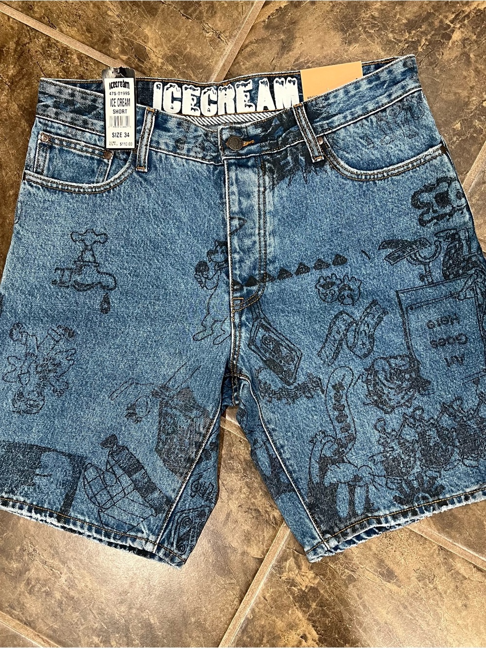 Ice Cream BBC Allover Print Denim Shorts Size 34 NWT Pharrell Streetwear